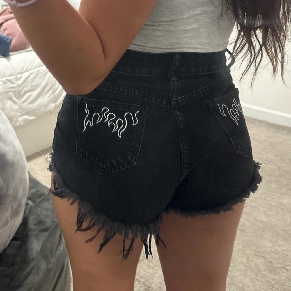 Black Denim Shorts with White Flame Detail